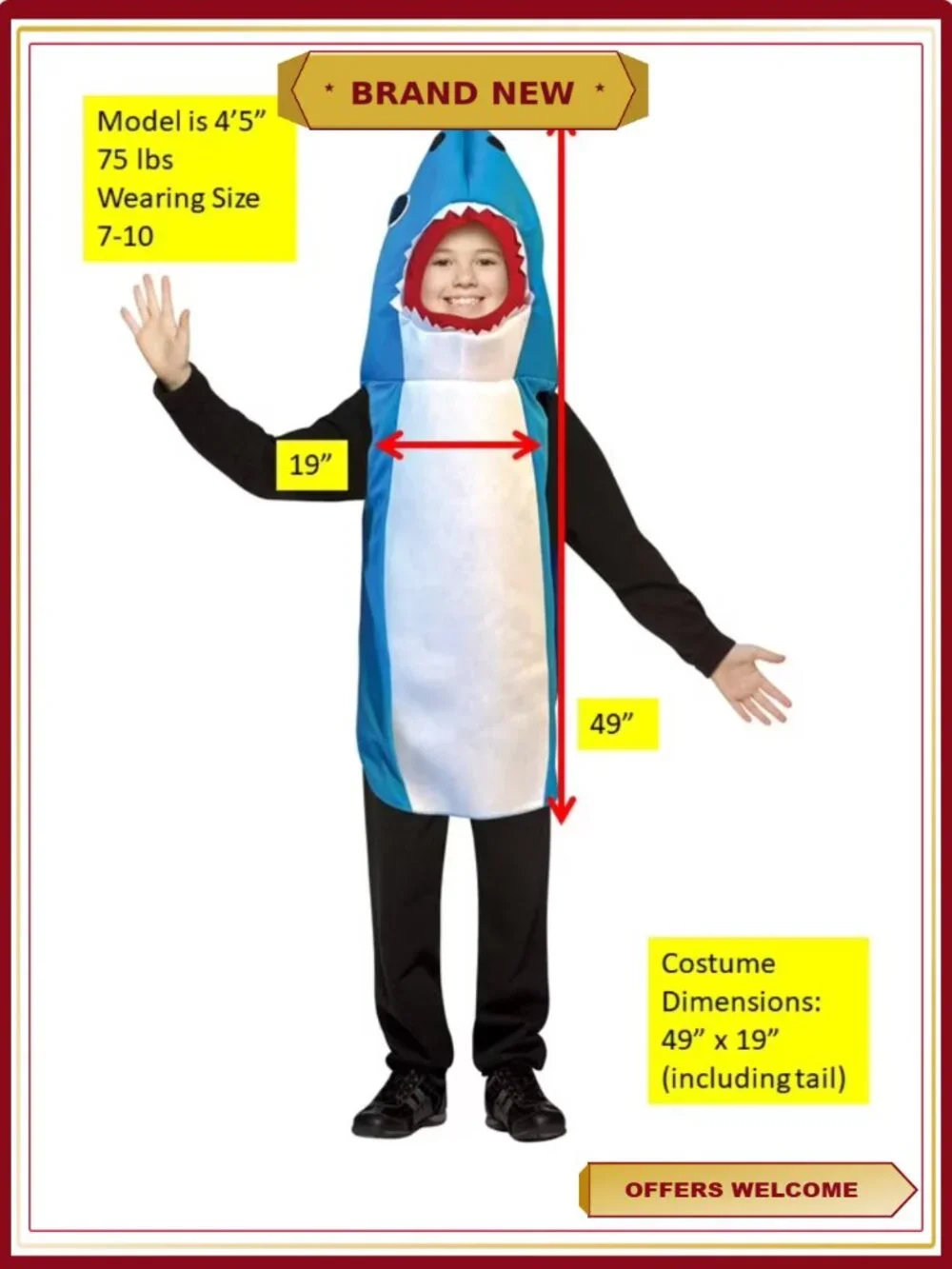 Kids Shark Costume Tunic Poly Foam Head Dress Up Size 7-10